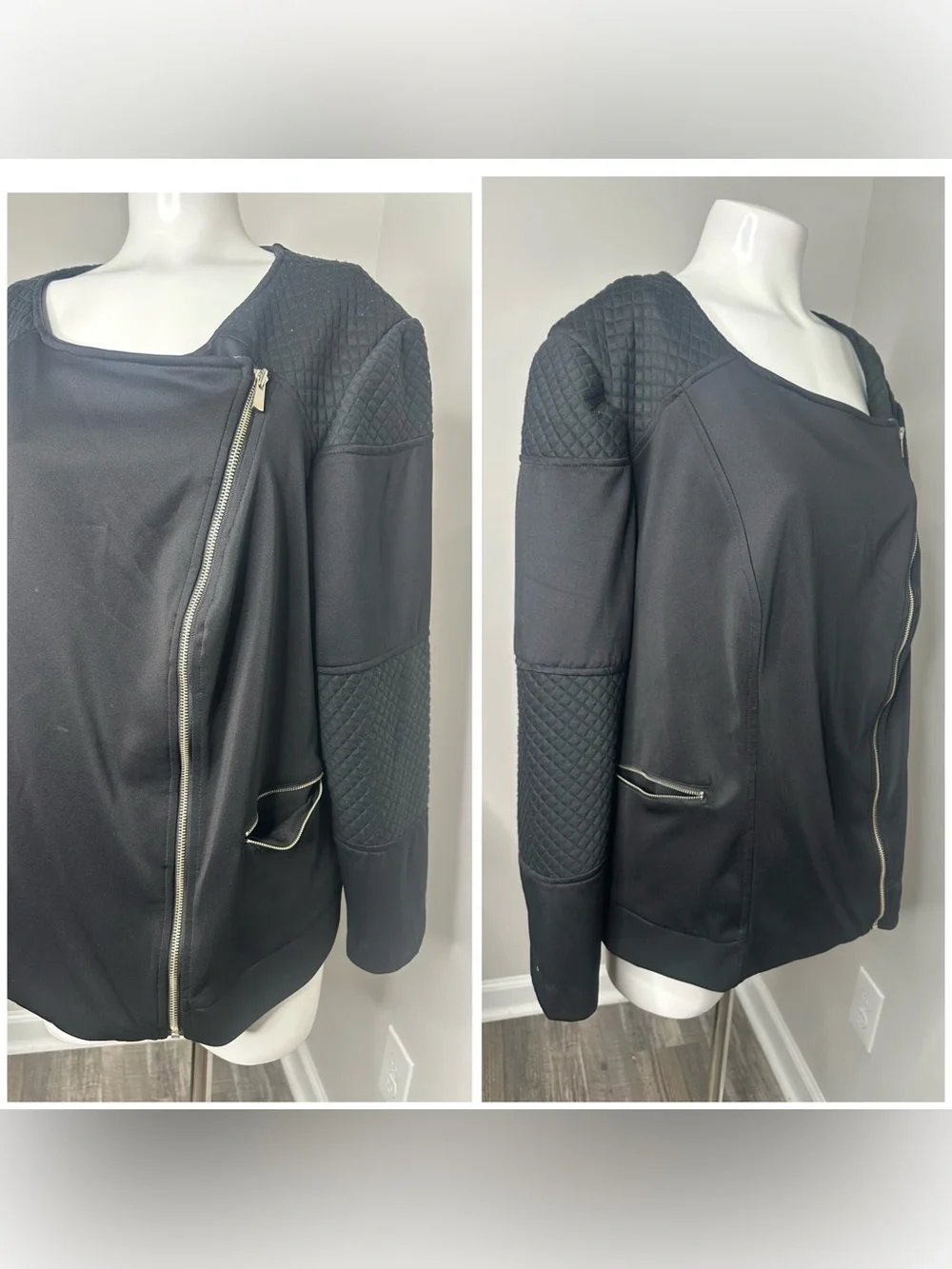 NY Collection Black Asymmetrical Zip Quilted-motor style Jacket-2X